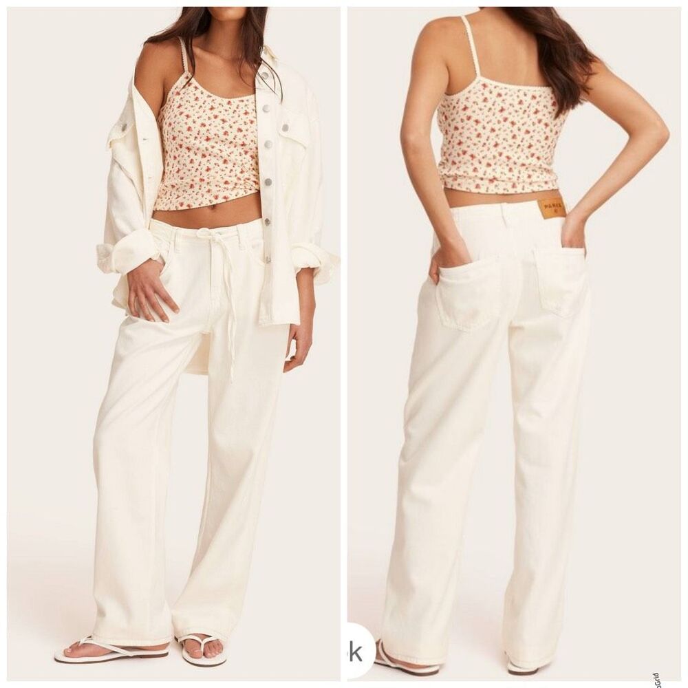 PARKE Target Cream Mid Rise Drawstring Baggy Jeans 12 NEW